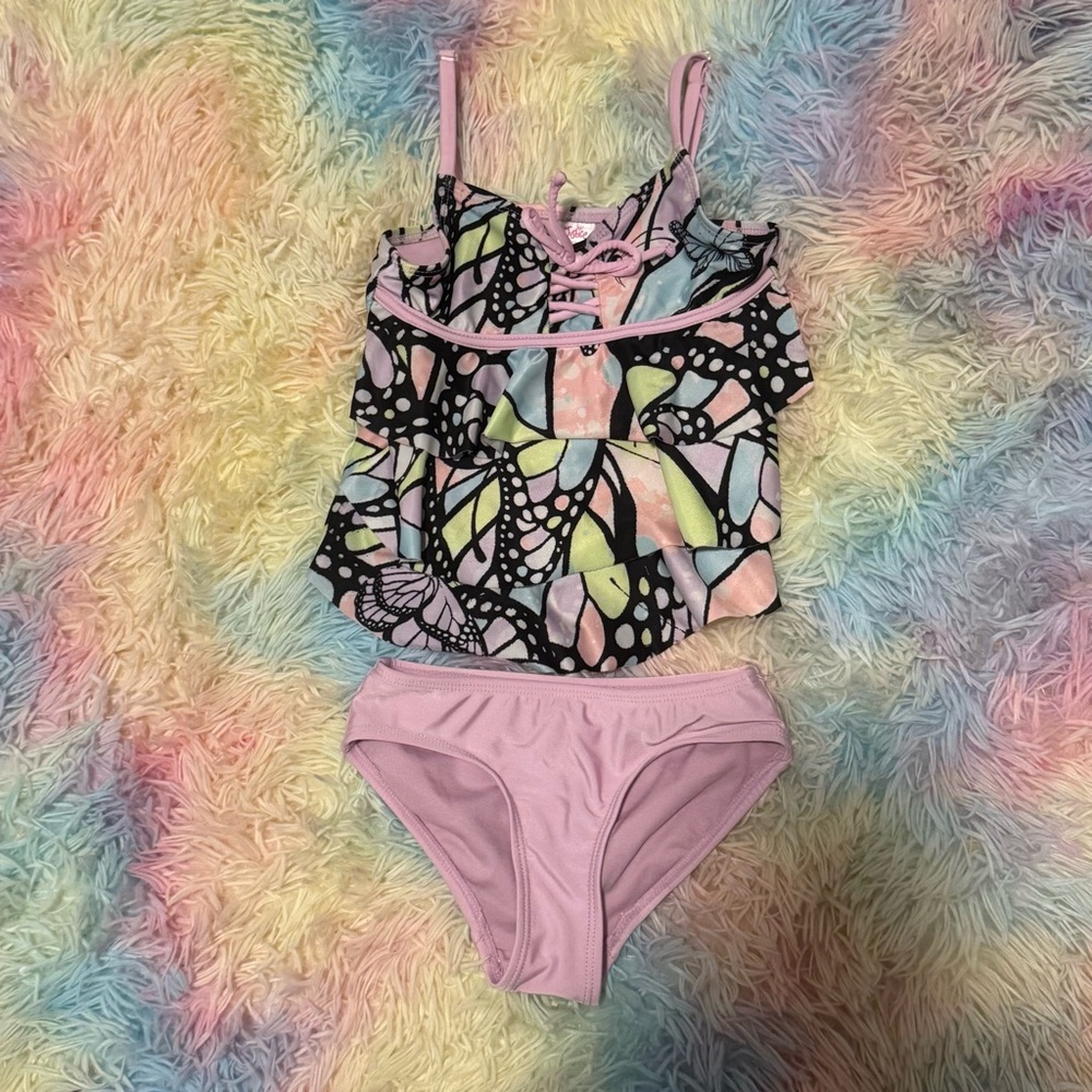 Colorful Butterfly Print Ruffle Tankini Set